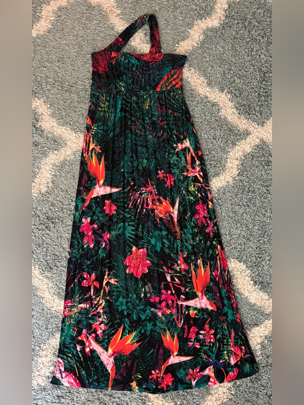 SOMA Women MAXI Dress L LARGE Tropical One Shoulder. Green and Pink. Preowned.